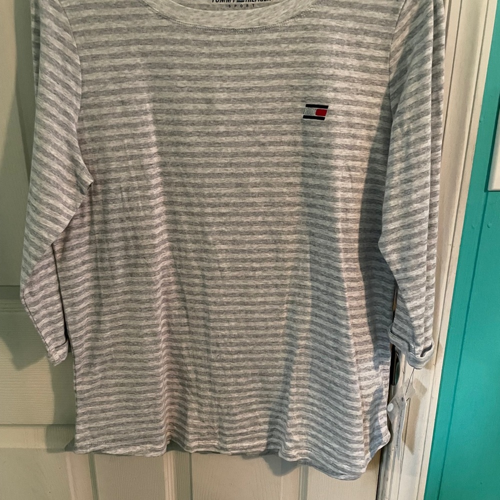 Tommy Hilfiger White and Grey Long Sleeve Shirt M